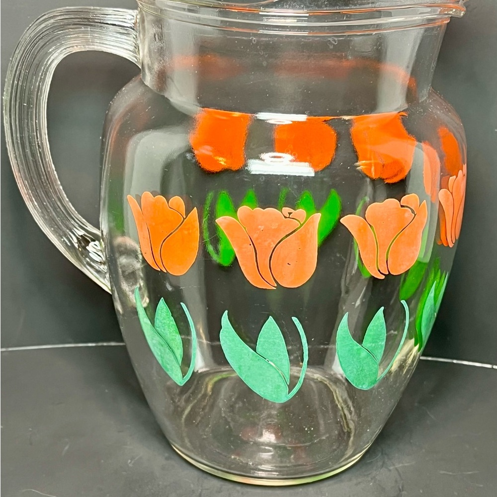 Vintage Large Glass Pitcher W/ Orange Tulips Green Leaves And Stems 9.5” Tall